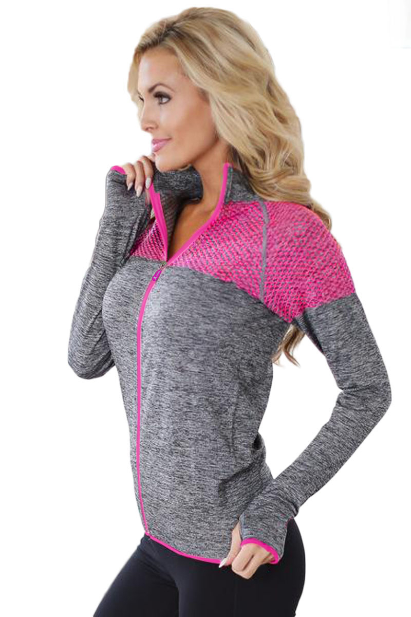 BY26019-11 Gray Atheletic Running Yoga Jacket with Mesh Accent
